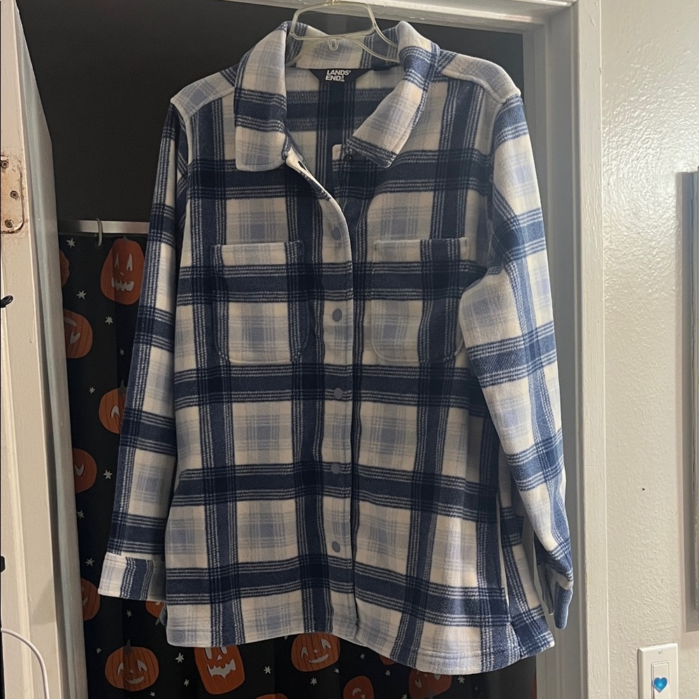 Lands' End Navy and White Plaid Shirt